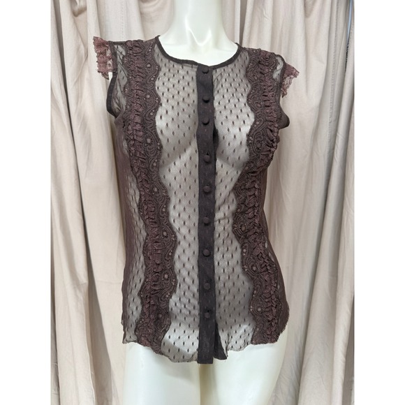 Express Tops - Express Vintage Y2K Brown Sheer Lace Mesh Button Front Top Size M